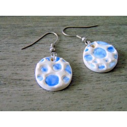 White ceramic earrings with blue polka dots