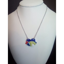 Blue, red, green and white ceramic hummingbird on stainless steel