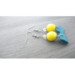 Boucles d'oreilles céramique jaune et cuir turquoise acier inoxydable faïence