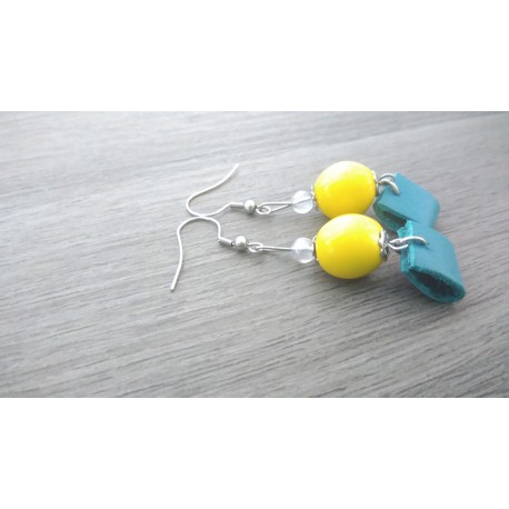 Boucles d'oreilles céramique jaune et cuir turquoise acier inoxydable faïence