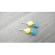 Boucles d'oreilles céramique jaune et cuir turquoise acier inoxydable faïence