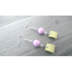 Purple ceramic earrings and stainless steel green leather earthenware