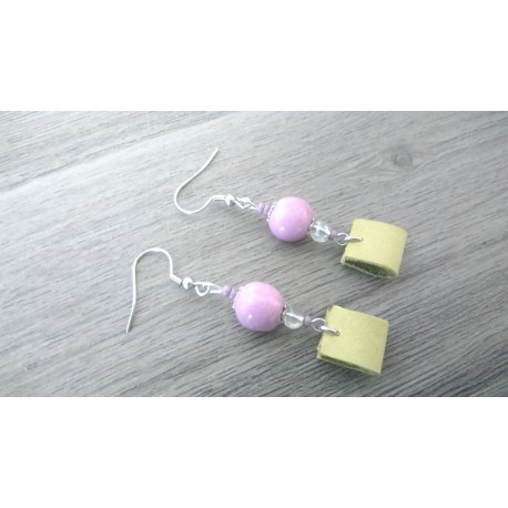 Boucles d'oreilles céramique violet et cuir vert acier inoxydable faïence