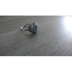 Bague verre fusing noir et rouge millefiori coeur