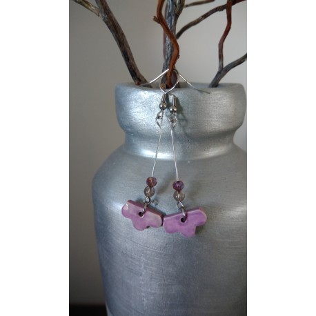 Boucles d'oreilles fantaisie céramique fleurs violettes