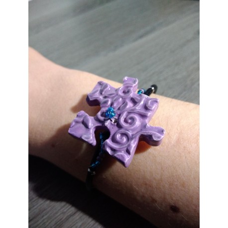 Bracelet violet puzzle faïence artisanale sur cuir noir et acier inoxydable made in france vendée