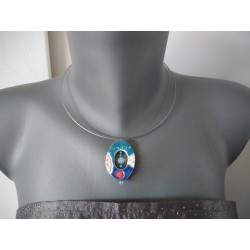 Blue oval pendant and turquoise white earthenware enamelled ceramic craft made in france