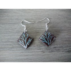 Boucles d'oreilles céramique marron et bleu feuille