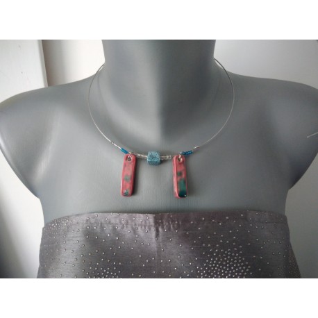 Collier en céramique faïence turquoise et jaune sur acier inoxydable