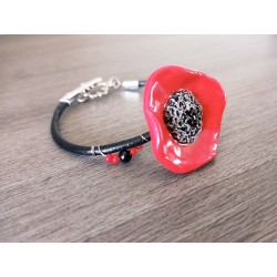 Bracelet rouge et noir coquelicot faïence artisanale sur cuir et acier inoxydable made in france vendée