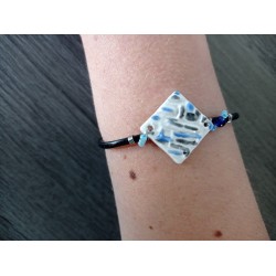 Blue, white and black homemade earthenware bracelet on black leather and stainless steel made in france vendée