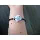 Blue, white and black homemade earthenware bracelet on black leather and stainless steel made in france vendée