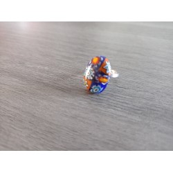 Bague verre fusing bleue orange rouge millefiori