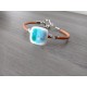Blue bracelet handmade glass on black leather and stainless steel made in france vendée