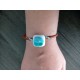 Bracelet bleu vert blanc verre artisanale sur cuir marron et acier inoxydable made in france vendée