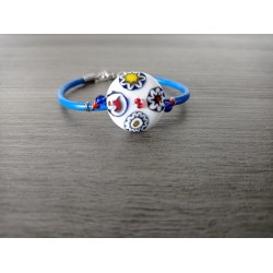 Bracelet blue and white millefiori handmade glass on blue leather and stainless steel made in france vendée