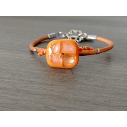 Gold yellow bracelet on black leather, handcrafted dichroic glass on black leather and stainless steel made in france vendée
