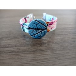 Bracelet turquoise bouton faïence artisanale et biais tissus sur acier inoxydable made in france vendée