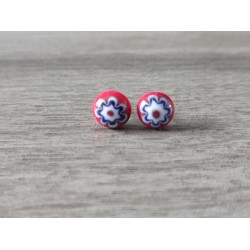 Boucles d'oreilles puce verre fusing millefiori rouge et bleu