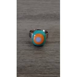 Bague fantaisie verre fusing orange bleu turquoise acier inoxydable