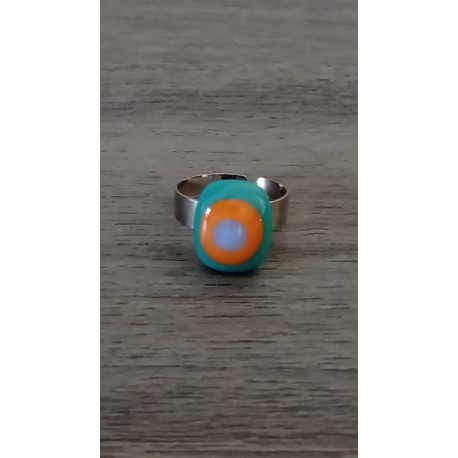 Bague fantaisie verre fusing orange bleu turquoise acier inoxydable