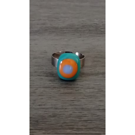 Fancy ring glass fusing orange blue green stainless steel