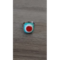 Bague fantaisie verre fusing blanc turquoise rouge acier inoxydable