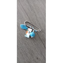 Broche bleu turquoise faïence et tissu fleuri sur acier inoxydable anallergique