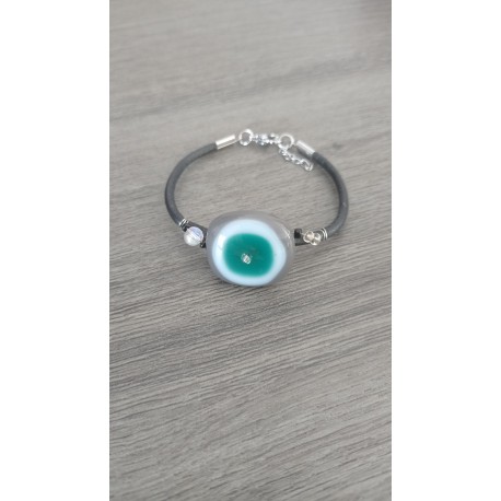 Bracelet gris blanc vert verre artisanale sur cuir marron et acier inoxydable made in france vendée