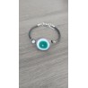 Blue bracelet handmade glass on black leather and stainless steel made in france vendée