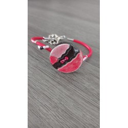 Bracelet rouge rose faïence noir artisanale sur cuir et acier inoxydable made in france vendée