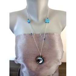 Sautoir bleu foncé et turquoise faïence sur acier inoxydable anallergique