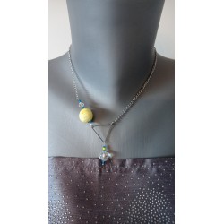 Ceramic turquoise black necklace on stainless steel chain.