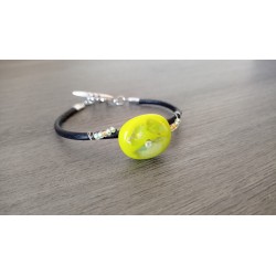 Gold yellow bracelet on black leather, handcrafted dichroic glass on black leather and stainless steel made in france vendée