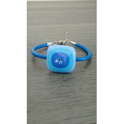 Blue bracelet handmade glass on black leather and stainless steel made in france vendée