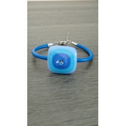 Bracelet bleu verre artisanale sur cuir noir et acier inoxydable made in france vendée