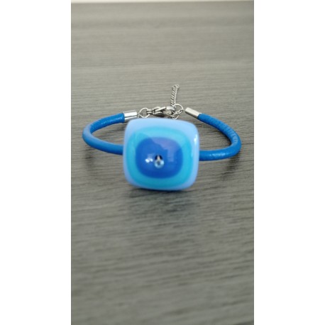 Blue bracelet handmade glass on black leather and stainless steel made in france vendée