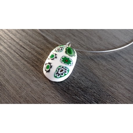 Pendentif verre fusing millefiori vert et blanc créatrice bijoux artisanaux vendée