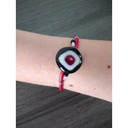 Bracelet rouge blanc noir verre artisanale sur cuir noir et acier inoxydable made in france vendée