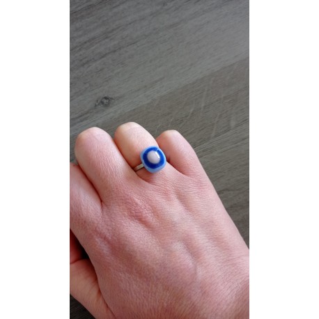 Bague verre fusing bleu rose création française acier inoxydable