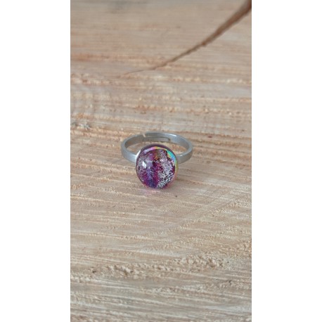 Bague fantaisie verre fusing dichroic rose violine acier inoxydable