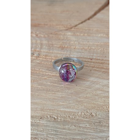 Bague fantaisie verre fusing dichroic rose violine acier inoxydable