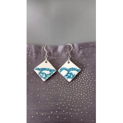 Boucles d'oreilles céramique carrées bleu vert blanc