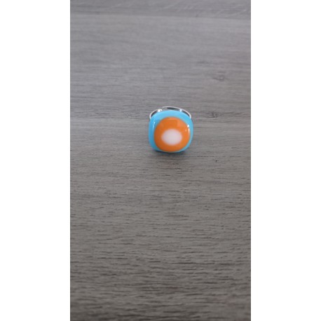 Bague verre fusing bleu blanc orange création française inox