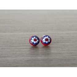 Boucles d'oreilles puce verre fusing millefiori bleu et rouge fleurs