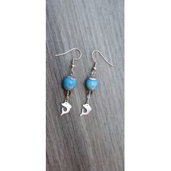 Boucles d'oreilles céramique bleu jade dauphin acier inoxydable