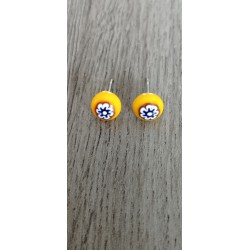 Boucles d'oreilles puce fleurs en verre fusing millefiori jaune