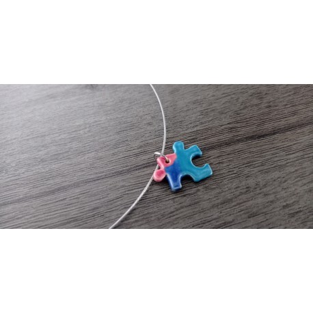 Collier céramique puzzle rose turquoise et bleu