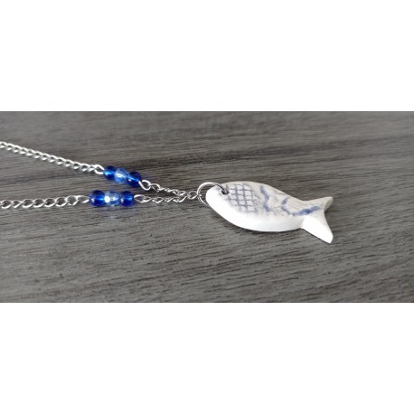 Blue blue earthenware fish pendant enamelled ceramic craft made in france