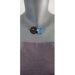 Collier fleur céramique bleu violine et brun bllanc mariage soirée acier inoxydable